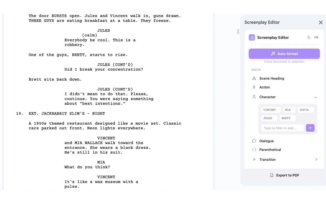 Screenplay Editor running on Google Docs